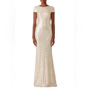 Badgley Mischka Champagne Sequin Cap-Sleeve Gown with Cowl Back